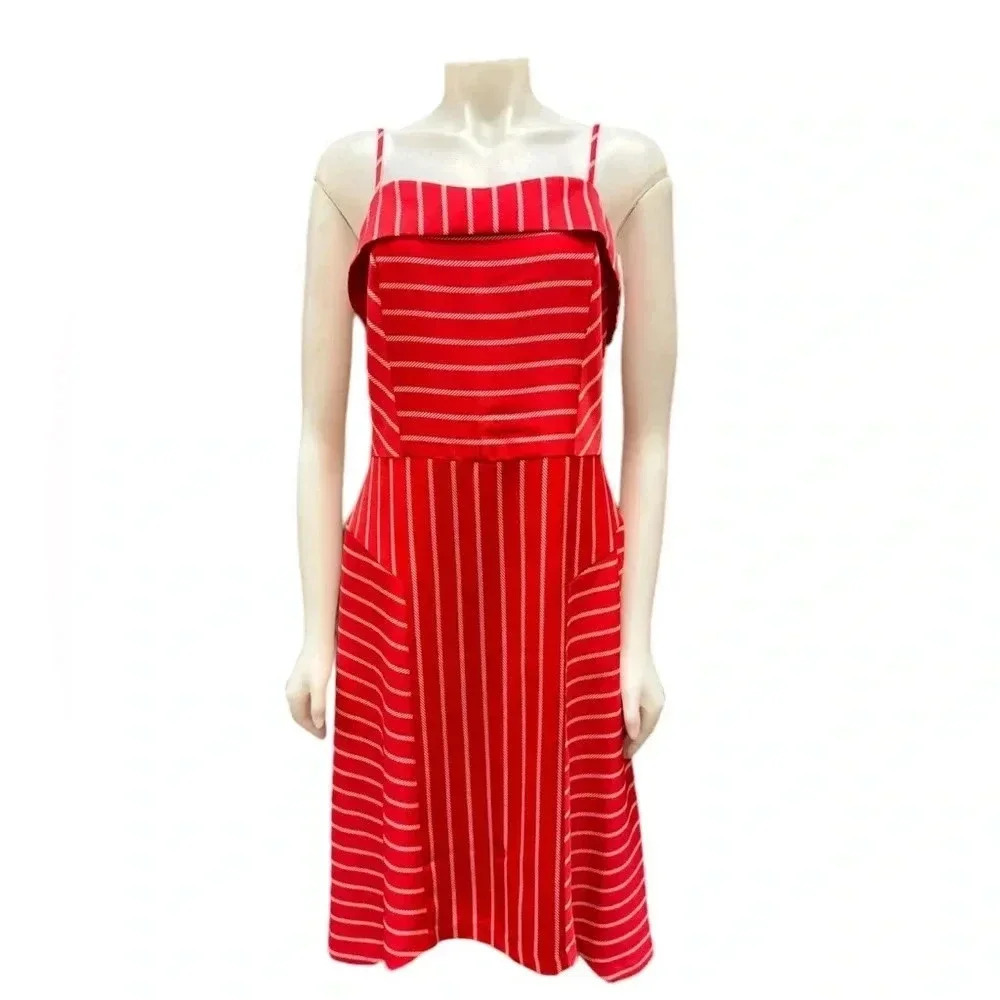 Banana Republic Red White Striped Spaghetti Strap MIDI Dress Size 10 Tall